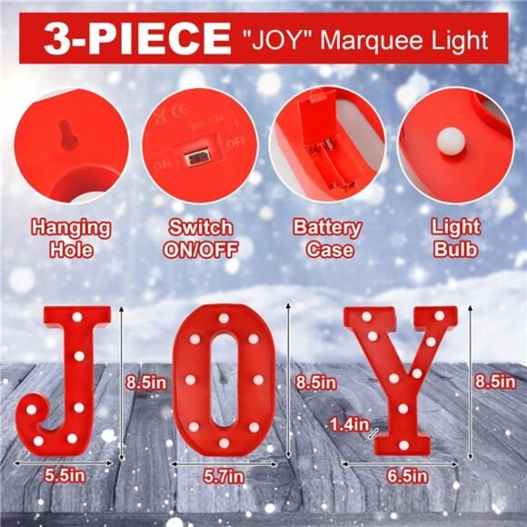 Christmas Decorations Indoor Home Decor - 3 LED 8.5 Inches Marquee Light Up JOY - Picture 3 of 7